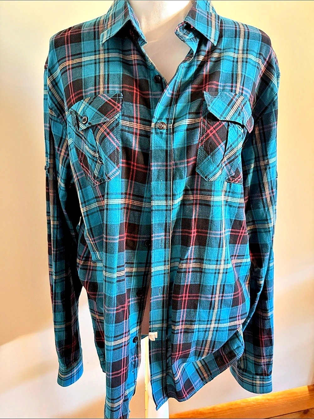 Sovereign Code Plaid Button Down in Blue & Black XL